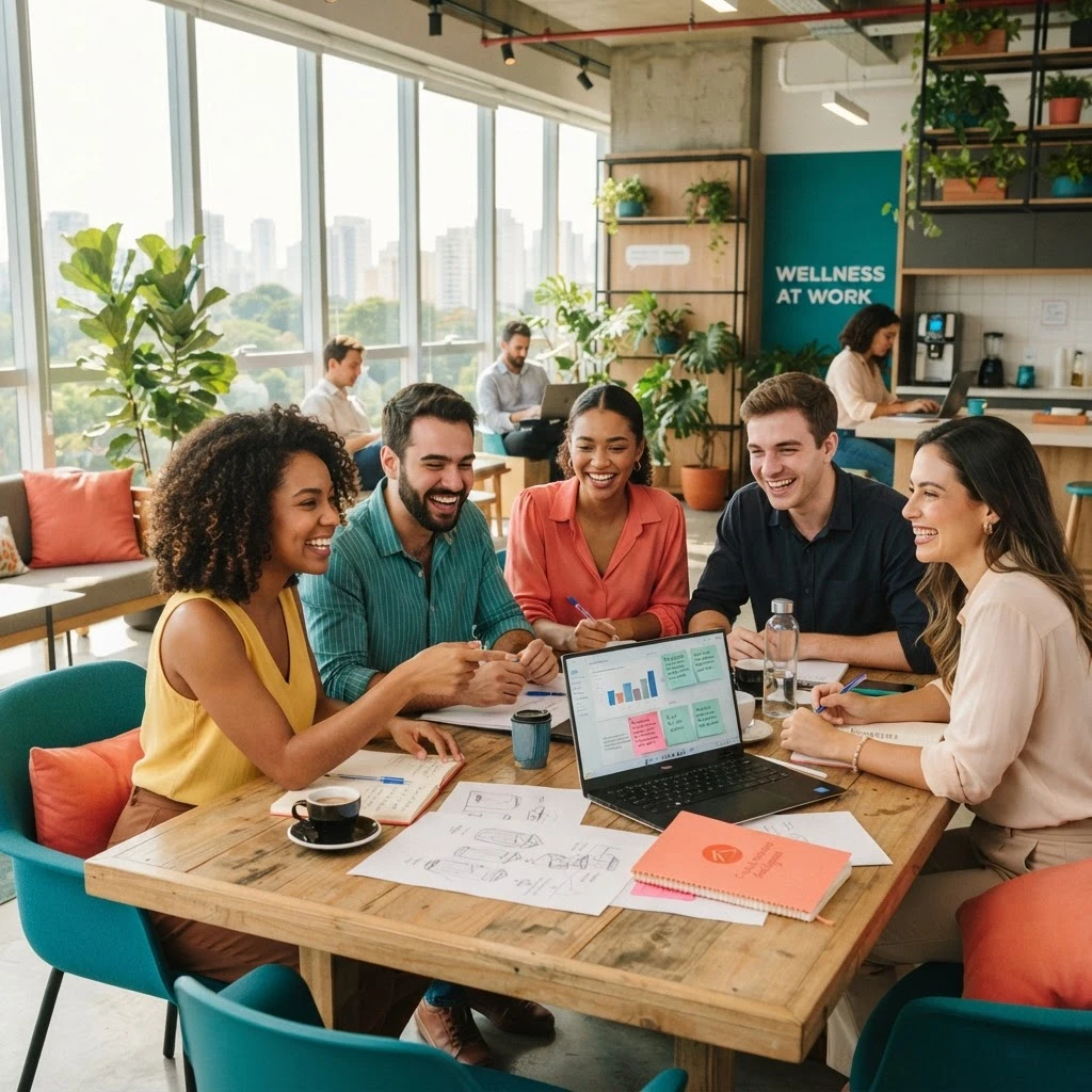 Equipe de profissionais colaborando em um escritório moderno